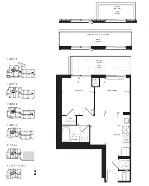 Floor plan for 1 bed, 1 bath, 560 sqft